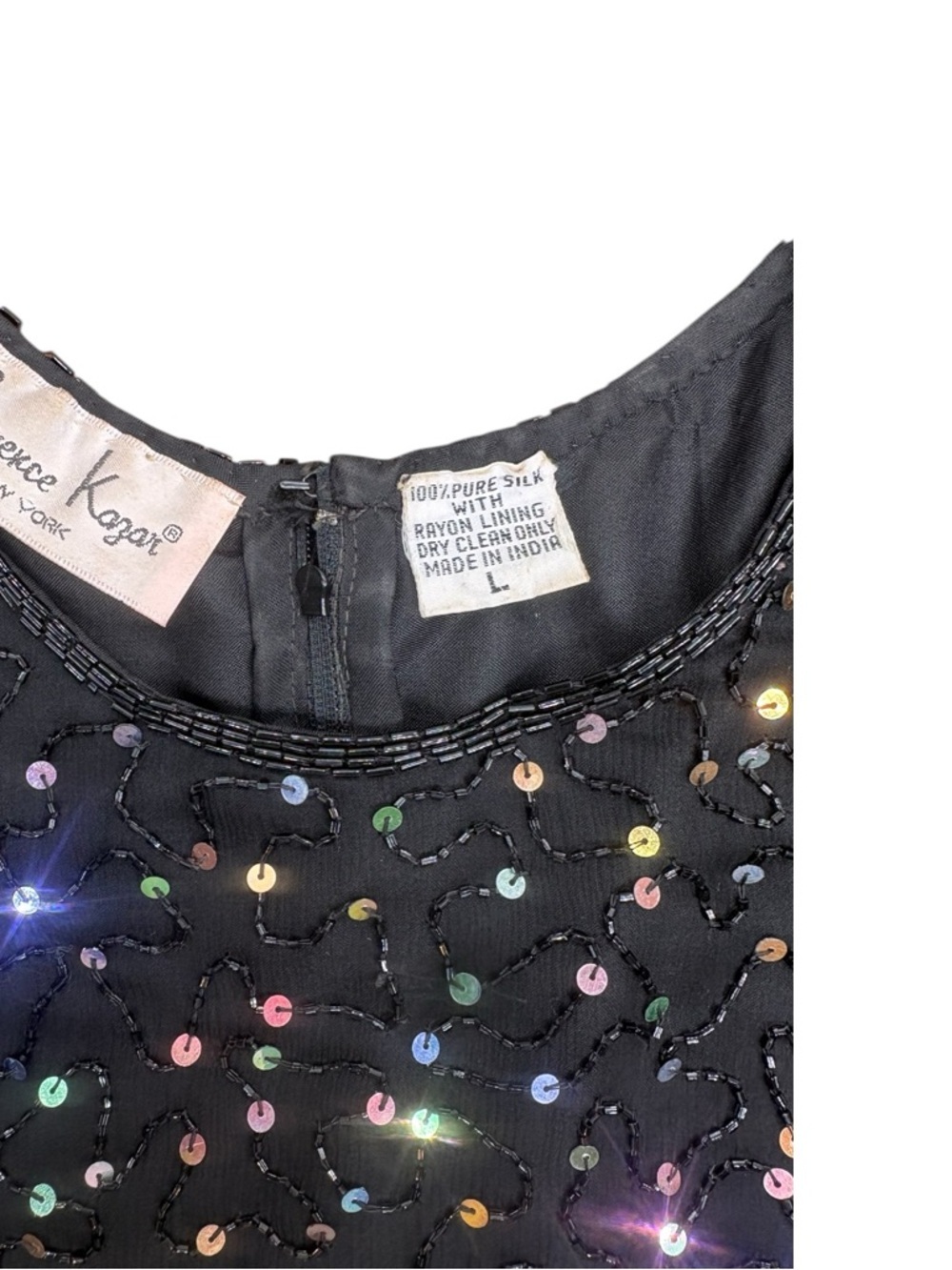 ✨ Vintage Laurence Kazar Silk Beaded and Iridescent Sequin Cocktail Dress Sz L ✨ - Picture 12 of 12
